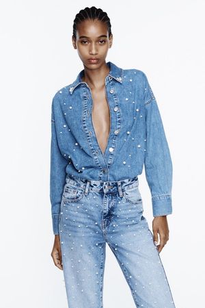 Zara Jeanshemd Perlen Gr. XS Oversize Bluse Shirt