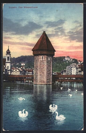Ansichtskarten: AK Luzern, Wasserturm mit Schwänen – Gebraucht aus Berlin von bartko-reher