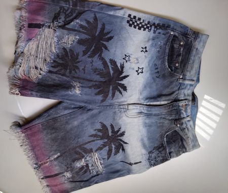 kurze  Amiri Denim Shorts Palm Tree Print Frayed Hem Blu