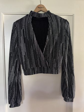 Top donna paillettes nere argento manica lunga