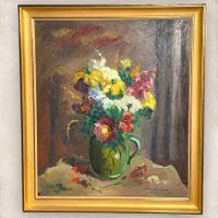 Signed still life painting flowers OIL ON WOOD L.PERROCHON