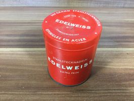 Kultige antike Edelweiss Stahlstecknadeln Dose für Schneider