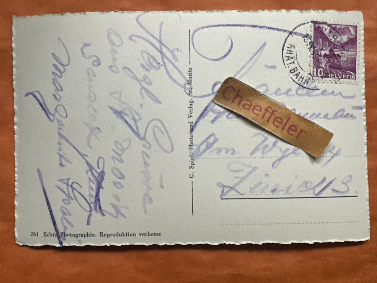 Ansichtskarten: Originale alte Ansichtskarte von St. Moritz-Dorf 1949 – Gebraucht aus Zürich von Chaeffeler 1