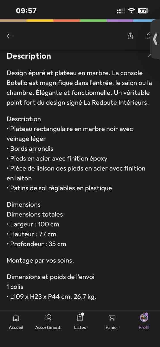 La Redoute Tables: Console La Redoute Botello marbre noir – Neuf (Voir description) à Corserey par Zreik82 4