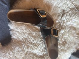 Birkenstock Madrid Lack Schwarz mit Goldschnalle – Gr. 39