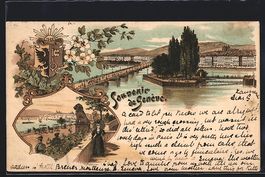 Litho Genève, Ortsansicht mit Brücke, 