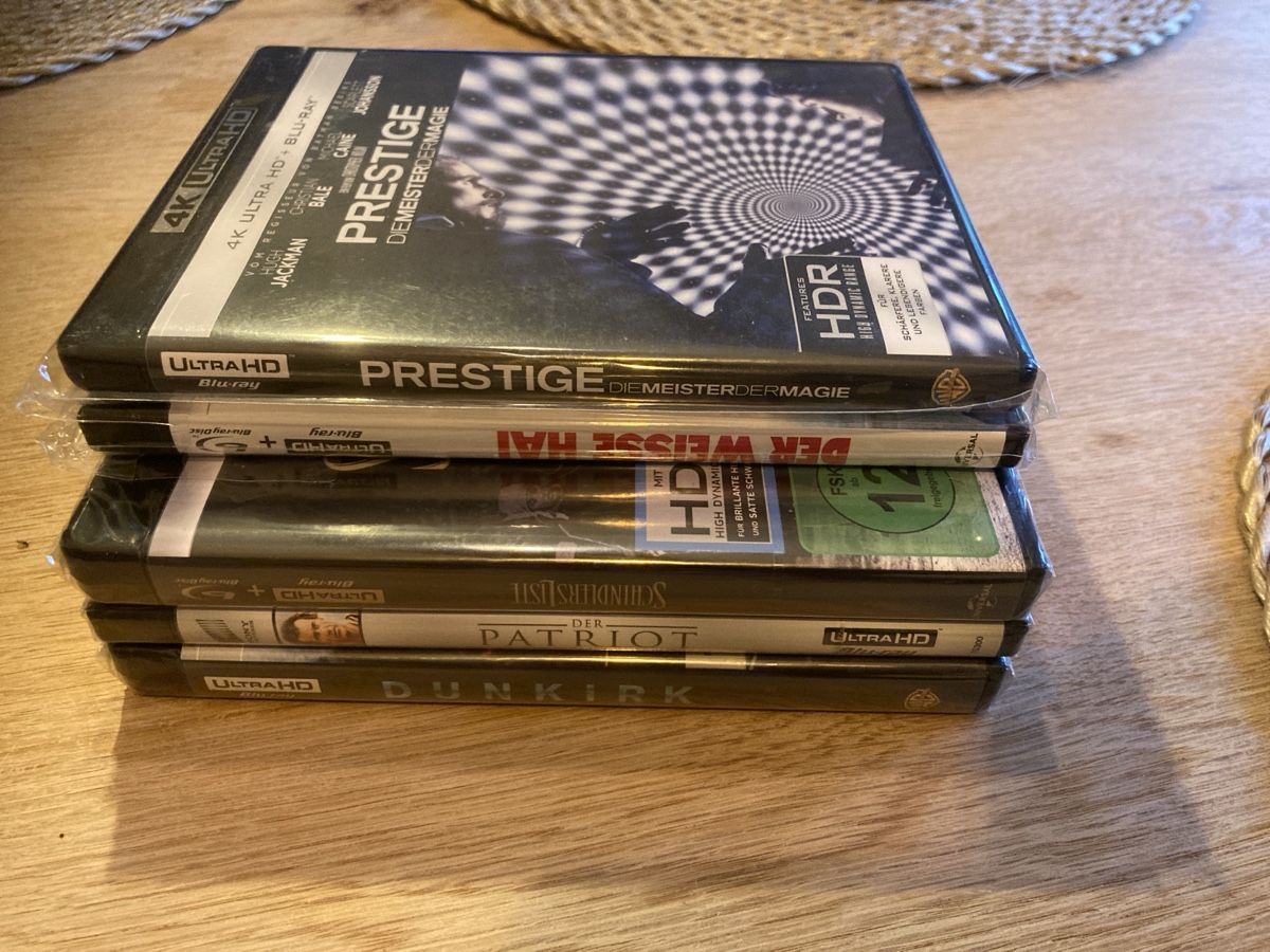 Tutti i DVDs: Schindlers Liste, Prestige, Jaws, Patriot, Dunkirk 4k – Nuovo e nell'imballaggio originale da Matten b. Interl venduto da Marionwenger 1