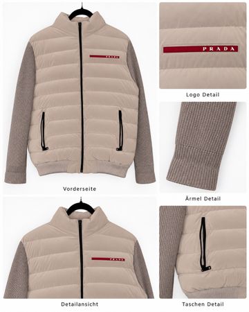 Beige Steppjacke mit Strickärmeln und Prada Schriftzug