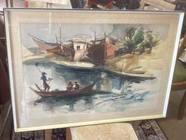 Asiatisches Aquarell Fischer Boot Häuser