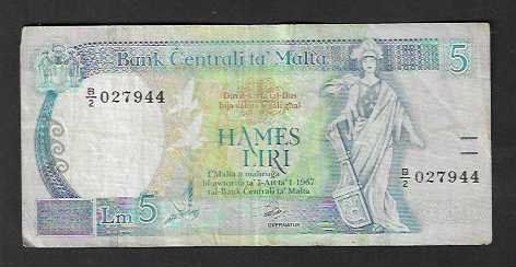 Banknoten: Malta  5  Liri  Gebraucht – Gebraucht aus Gordola von coinsandnotes