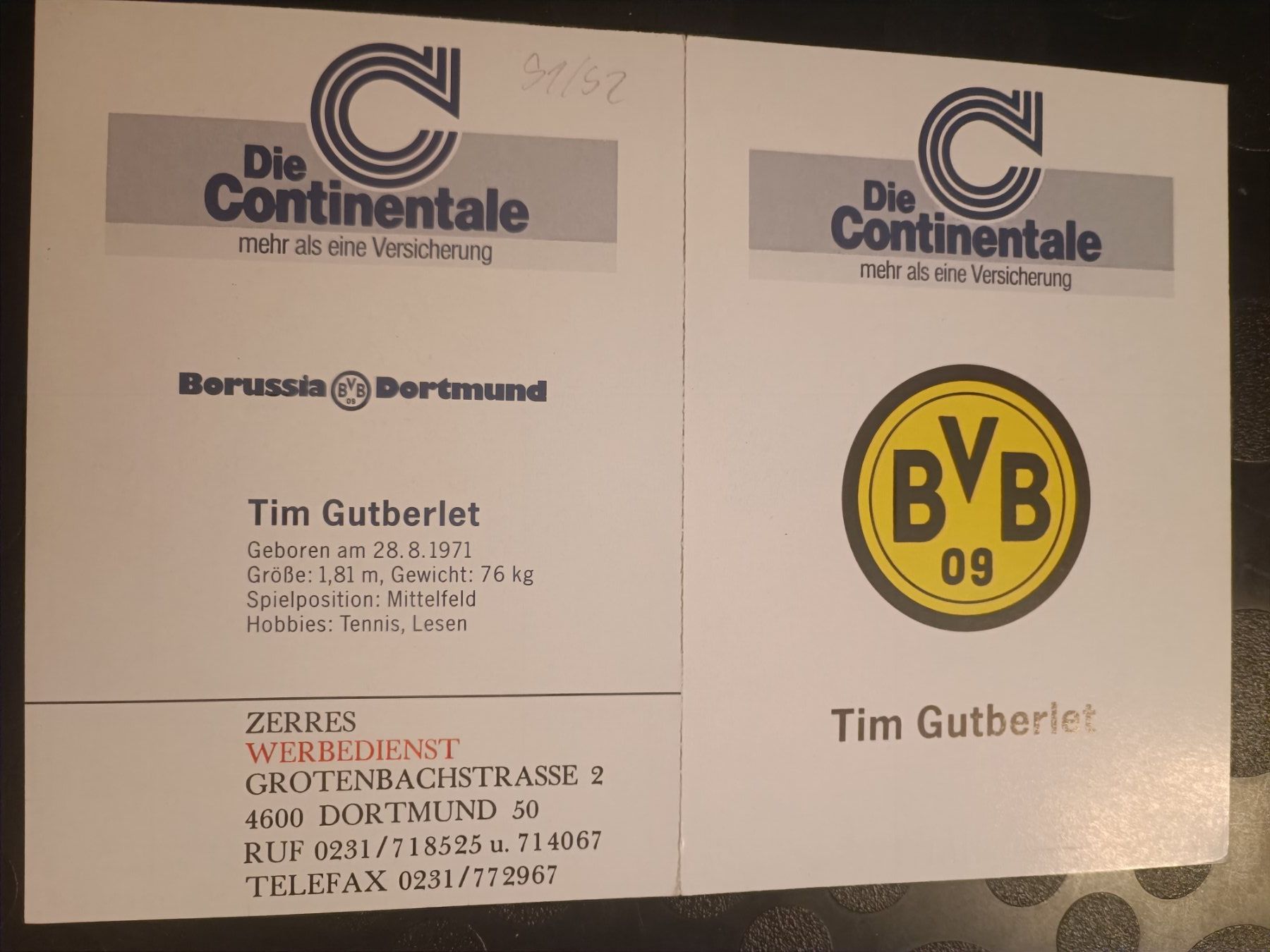 Autografi: Tim Gutberlet - handsignierte BVB Doppel-Autogrammkartearte – Usato da Menziken venduto da Artographs 1