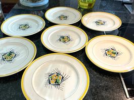 ART DECO 7 SPEISETELLER MAJOLIKA EMAILLE BELGIEN UM 1930