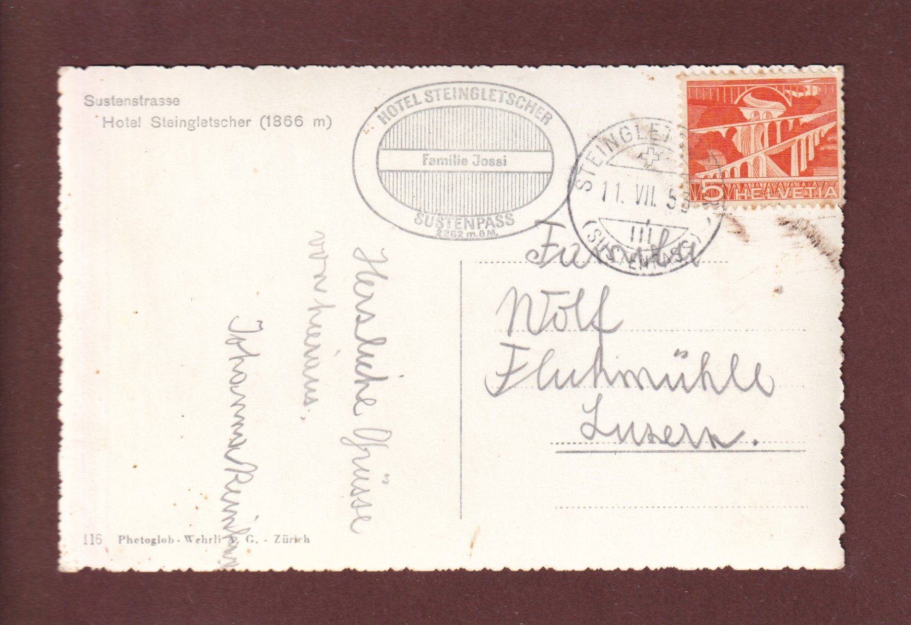 Cartoline postali: SUSTENSTRASSE - Hotel Steingletscher - 1953 – Usato da Pully venduto da nicecards 1