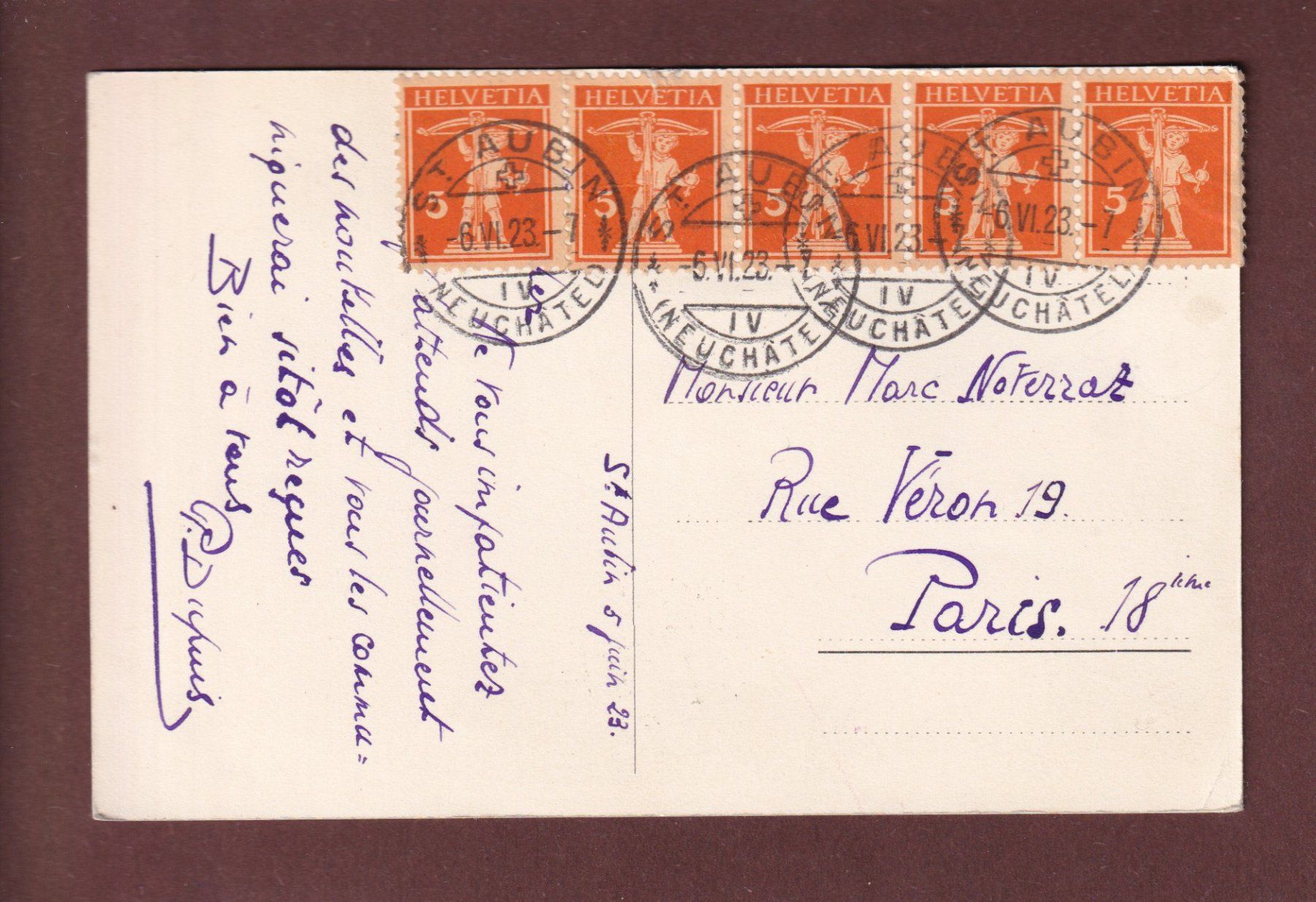 Cartes postales: ST. AUBIN - Une maison - 1923 – D'occasion à Pully par nicecards-shop 1