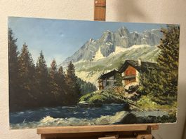 Stimmungsvolles Ölbild – Alpenlandschaft mit Chalet & Fluss
