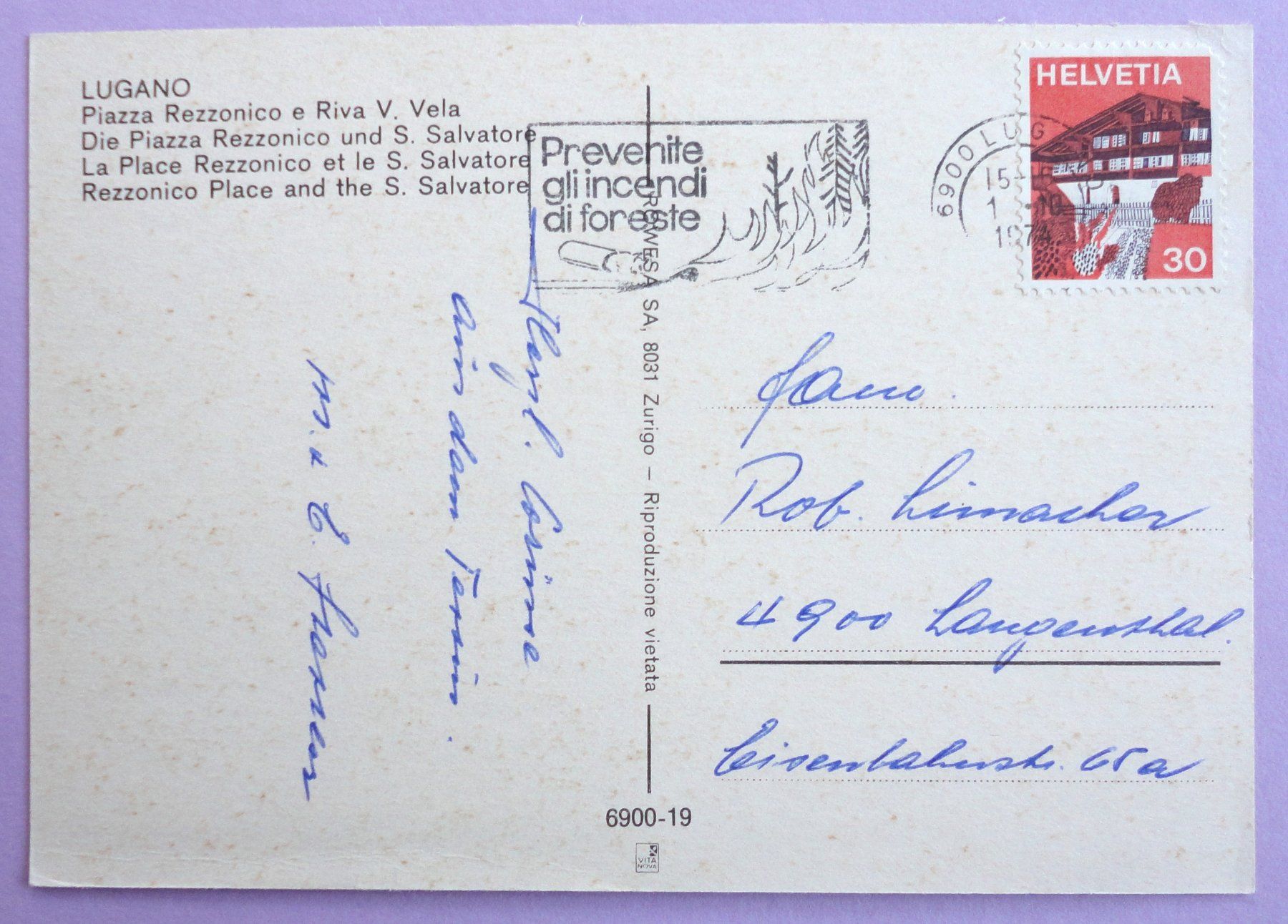 Cartoline postali: Lugano, Piazza Rezzonico e Riva V. Vela – Usato da Fétigny venduto da Billy2miny 1