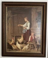Albert Anker Bild“:Mädchen die Hühner füttert“