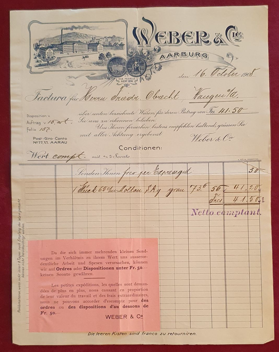 Grafiken & Lithographien: Aarburg 1908 - Weber & Cie, Litho Briefkopf – Gebraucht aus Kreuzlingen von Rschweiz1