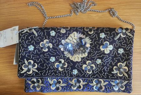 Damen Clutch Tasche dunkelblau Samt mit Perlen neu