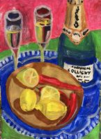 Gemälde Stillleben Champagner mit Zitronen und Peperoni, 40x