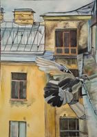 Original Watercolor Painting Cityscape with Bird,30 cm x 40