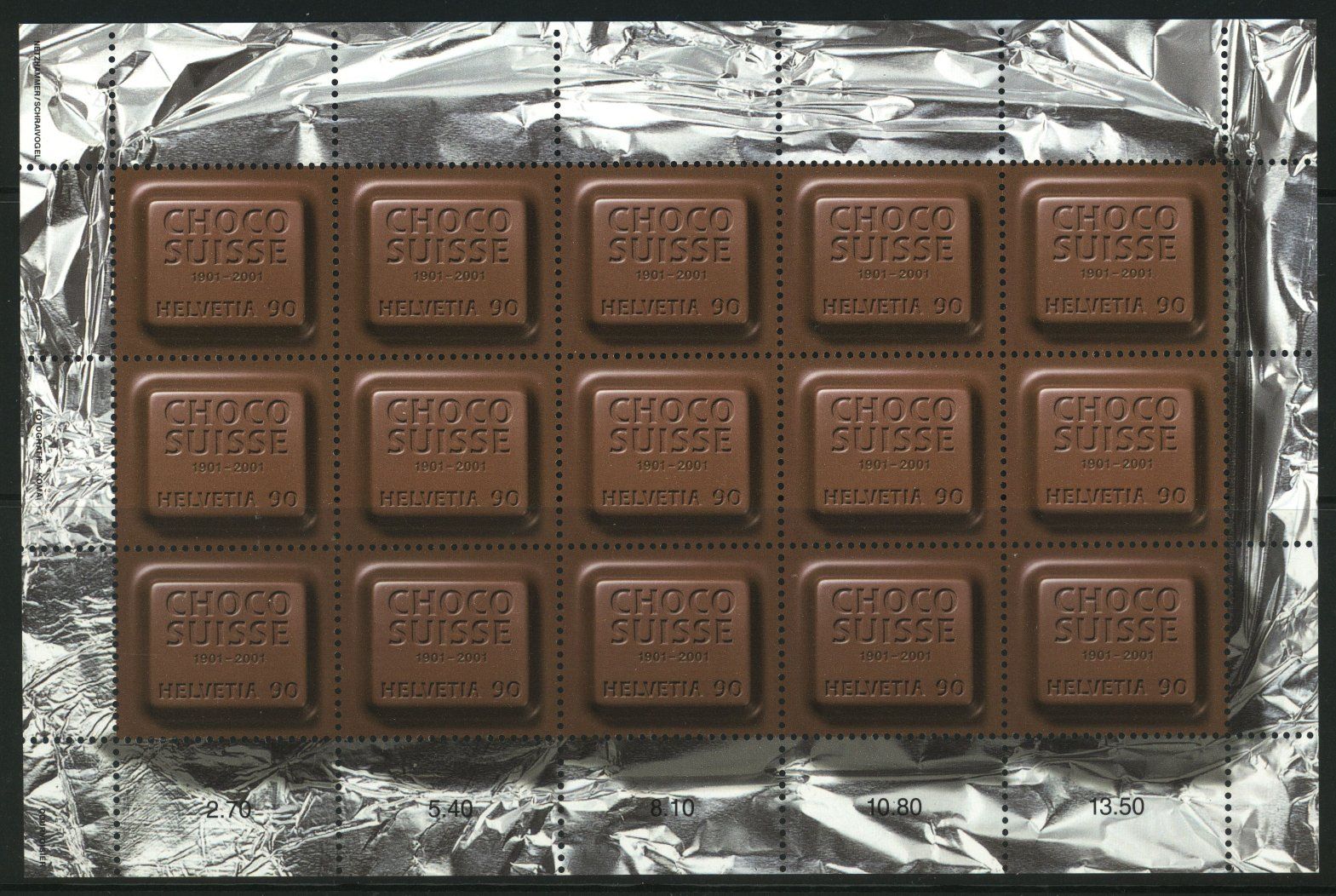 Tutti i francobolli: 2001, Sondermarke 100 Jahre Choco Suisee, Kleinbogen ** – Usato da Willisau venduto da Vollstempel