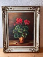 Antikes Gemälde mit Holzrahmen Rote Geranien, 42x53cm