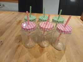 6 Trinkgläser mit Henkel und Deckel neu
