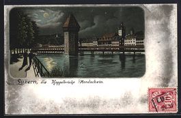 Litho Luzern, Kapellbrücke im Mondschei