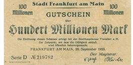 Frankfurt 100 Mil.Mark Serie D 28.09.1923 Druck hell VZ-VZ+