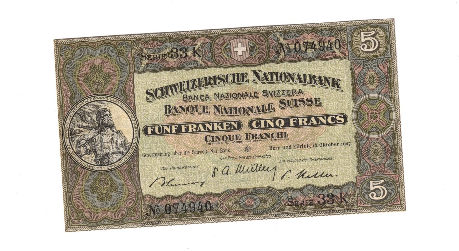 Banconote: 5 Franken Note 1947 bankfrisch – Nuovo (secondo la descrizione) da Bottmingen venduto da Golferin