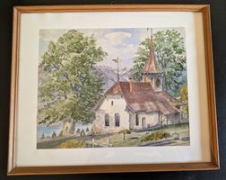 Ausdruckvolles Aquarell der ev.-ref. Kirche in Beatenberg
