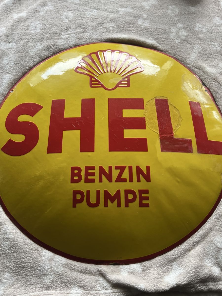 Shell Insegne: Shell Benzin-Pumpe Schild,  Emailschild – Usato da Mellingen venduto da Oelquelle