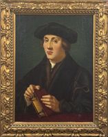 Dipinto antico, ritratto di studioso con libro, olio su tela