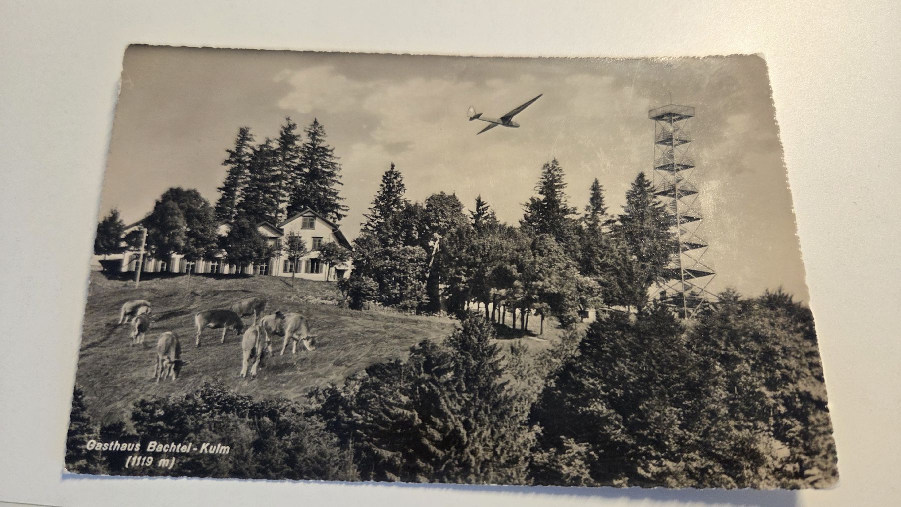 Ansichtskarten: 1956 Ansichtskarte Gasthaus Bachtel-Kulm mit Flugzeug – Gebraucht aus Arni AG von Moth68