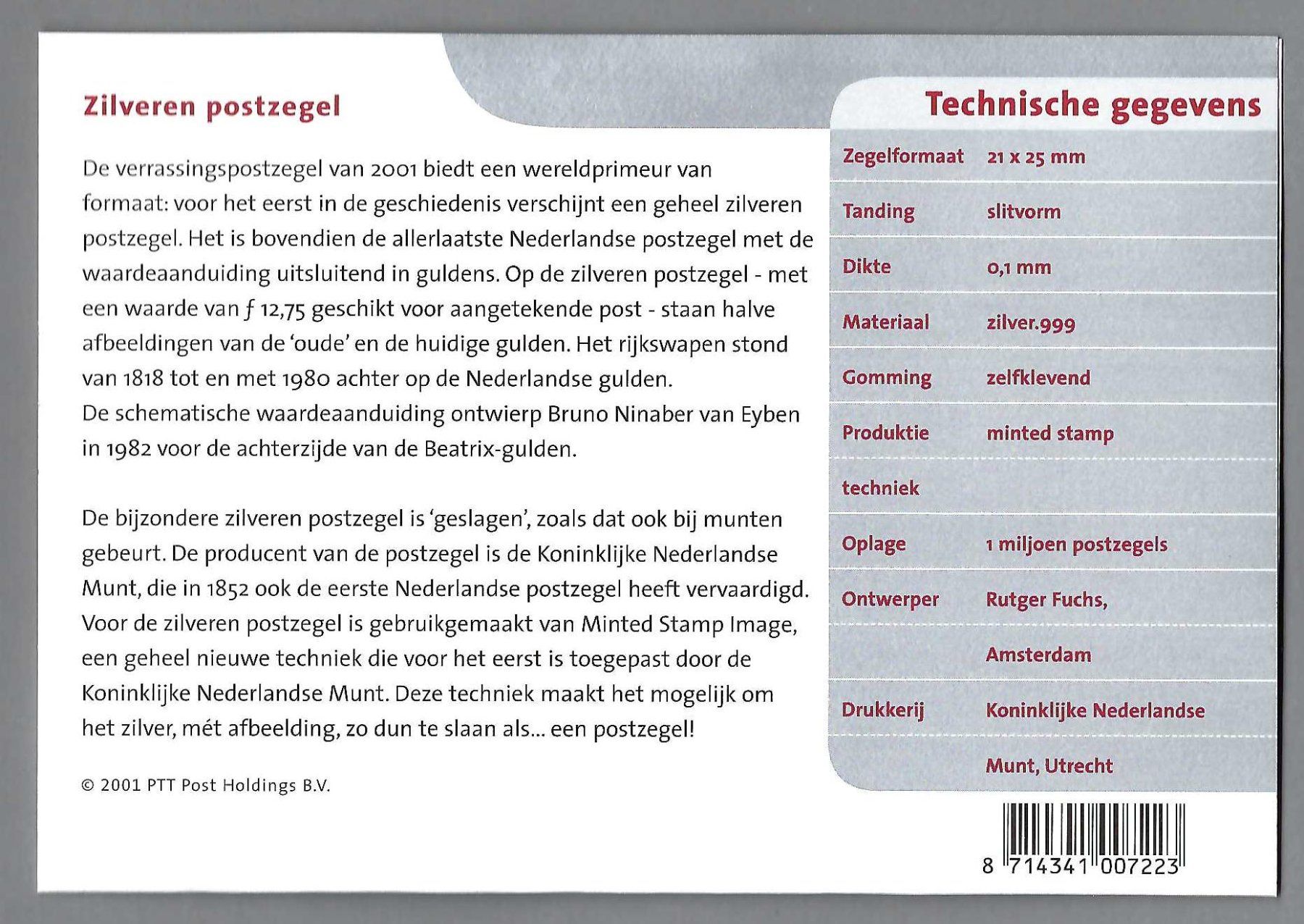 Alle Briefmarken: 2001, NIEDERLAND SILBERMARKE 999 – Gebraucht aus Pura von ulisse1957 1