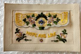 💚 ANTIKE SEIDENBESTICKTE KARTE 1916 💚 HOPE AND LOVE