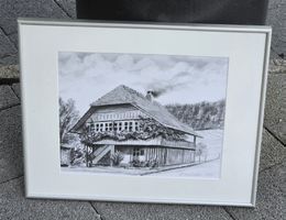 Zeichnung Haus mit Rahmen, handsigniert H. Zurbuchen 1995