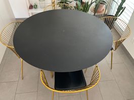Runder Esstisch 140cm Schwarz-Gold mit 6 Stühlen