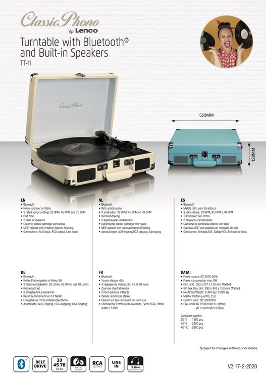 Lenco Classic Phono TT-116 Bluetooth-Plattenspieler mit 3 Geschwindigkeiten - 33, 45 und 78 U