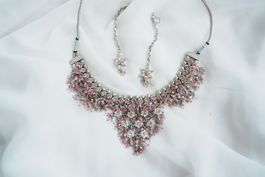 Vintage Schmuckset Collier Ohrringe rosa Strass silber Ethno