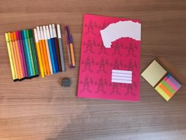 div. Schulmaterial (Buntstifte, Spitzer, Heft, Post-Its)