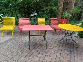 Vintage Gartenmöbelset gelb/rot  Metall/Holz geschmiedet