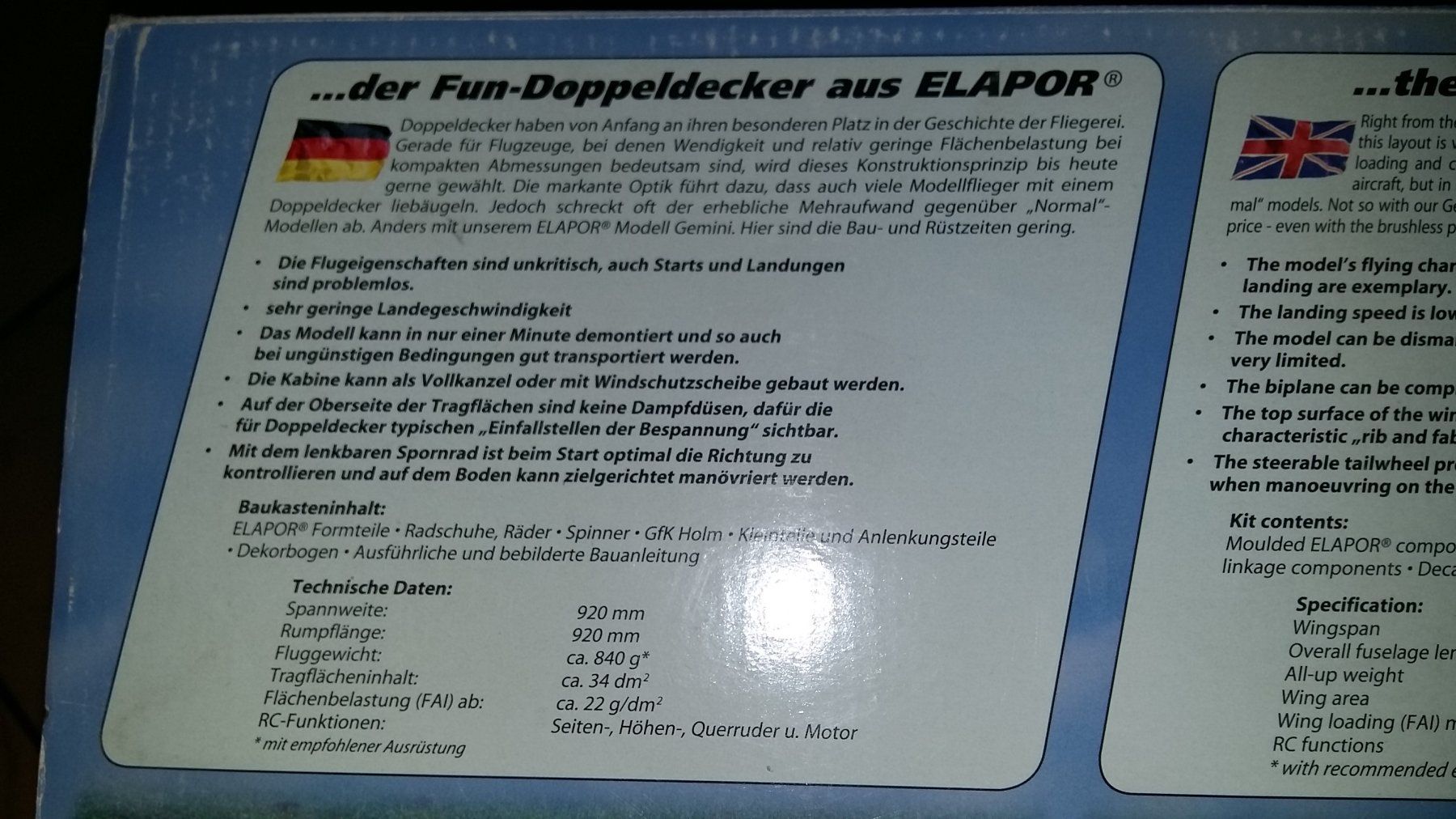 Multiplex RC Modellbau: Multiplex Gemini BK - der Fun-Doppeldecker aus Elapor® – Neu und originalverpackt aus Oschwand von Thermik-XL 8
