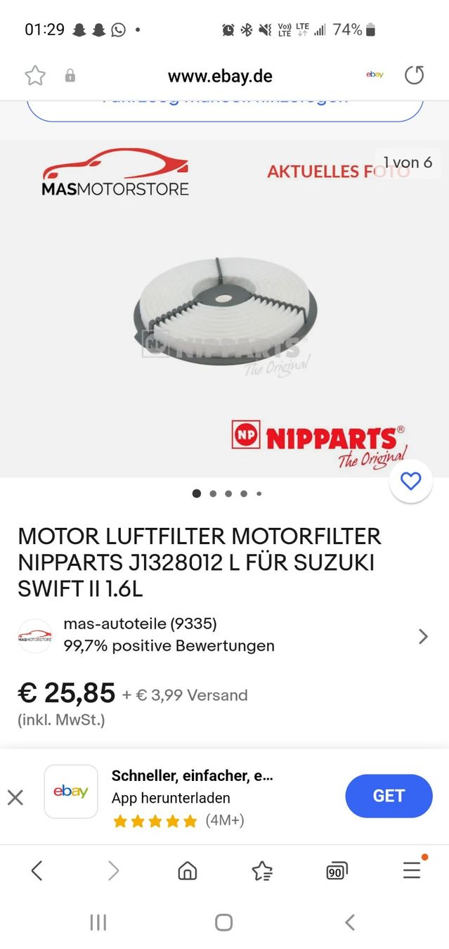 Suzuki Tutti pezzi di ricambio auto: Luftfilter Suzuki Swift – Nuovo e nell'imballaggio originale da Winterberg ZH venduto da mel_xn25 1