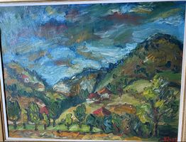 Živojin Andrejić Landschaft signiert Öl / Leinwand 73