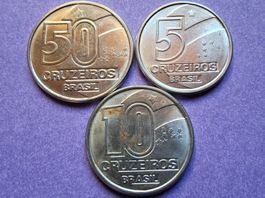 Brasilien 5, 10, 50 Cruzeiros 1990/91 - Lot 3 Stück!