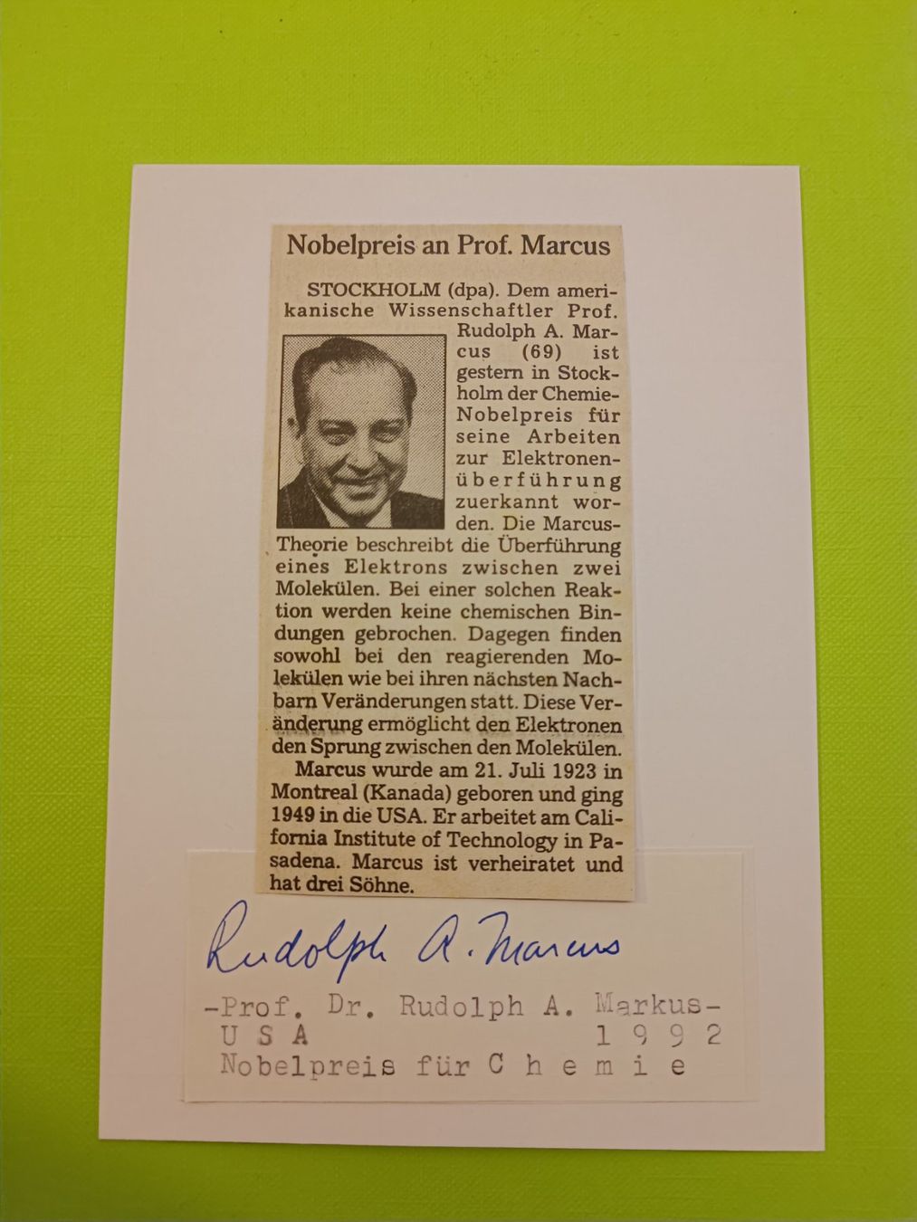 Autographes: Rudolph Arthur Marcus - Nobelpreis - handsigniert – D'occasion à Menziken par Artographs