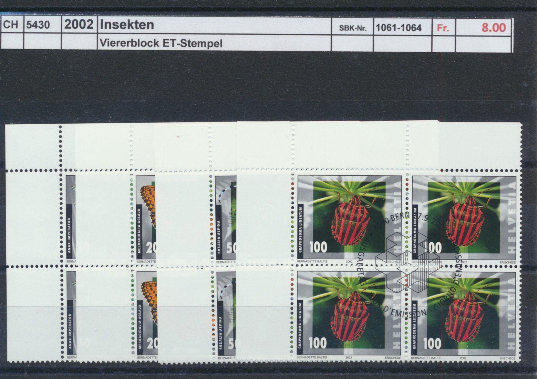 Tutti i francobolli: 2002 "Insekten", Viererblock, ET - Stempel – Usato da Winterthur venduto da Zupogeru