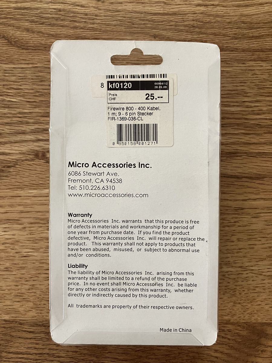 Kabel: Firewire Kabel 6 zu 9 Pin – Gebraucht aus Winterthur von t8schuu 1